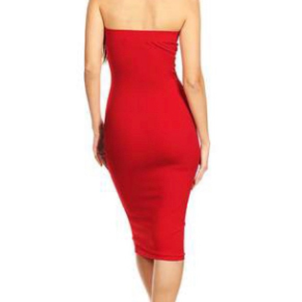 Classic Chic Red Strapless Stretch Bodycon Midi Dress Capsule Wedding guest - Picture 2 of 2